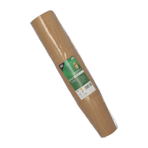 Ein gerollter Bogen aus braunem Kraftpapier, in Folie eingewickelt, mit einem grün-weißen Etikett der PAPSTAR GmbH – perfekt zum Basteln umweltfreundlicher Wrap Cups aus Pappe oder für Partys und Veranstaltungen. Produkt: PAPSTAR 50 Wrap Cups, Pappe braun.