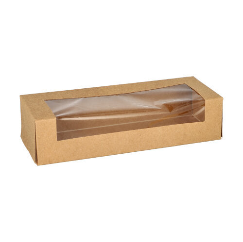 Der 25 Sushi-Schalen der PAPSTAR GmbH ist ein rechteckiger brauner Karton mit einem durchsichtigen Kunststofffenster, geschlossen und leer auf Weiß dargestellt. Als umweltfreundliche Verpackungsoption bietet es nachhaltige Einwegprodukte an.