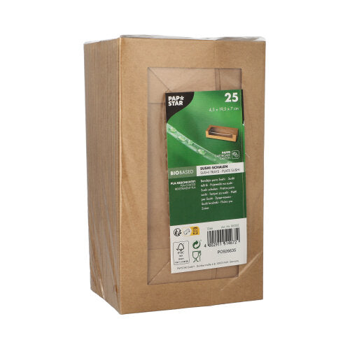 Eine braune Kartonverpackung mit grünem Etikett enthält 25 nachhaltige Einwegprodukte der PAPSTAR GmbH, Sushi-Schalen, Pappe eckig braun. Das Frontetikett zeigt Produktinformationen und Barcodes.