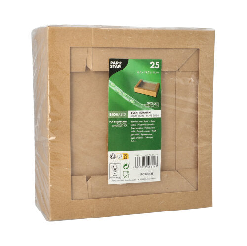 25 Stück PAPSTAR Sushi-Schalen, eckig braun, aus Pappe mit Sichtfenster, „BIOBASED“-Label und Recycling-Symbolen – nachhaltige Einwegprodukte von PAPSTAR GmbH.