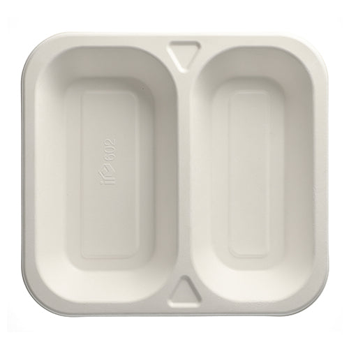 Eine weiße, rechteckige PAPSTAR 50 Siegelschale aus Zuckerrohr (4,2 x 24,5 x 26,5 cm) von PAPSTAR GmbH mit zwei separaten Fächern und abgerundeten Ecken, von oben vor weißem Hintergrund gesehen.