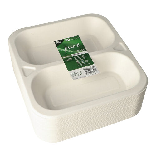 Ein Stapel von 50 weißen, rechteckigen PAPSTAR Zuckerrohr-Siegelschalen (4,2 x 24,5 x 26,5 cm), verpackt in durchsichtigem Kunststoff und beschriftet mit einem grünen „50 pure“-Aufkleber – eine umweltfreundliche Verpackung der PAPSTAR GmbH für den Lebensmittelverpackungsbedarf.