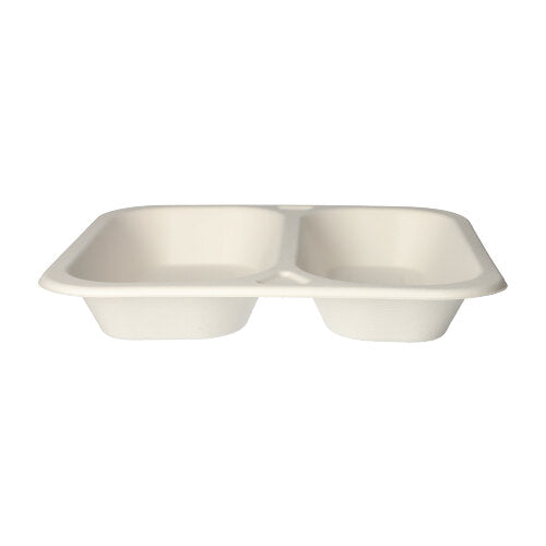 Ein weißes, rechteckiges PAPSTAR 50 Siegelschalen-Essenstablett (4,2 x 24,5 x 26,5 cm) aus Zuckerrohr mit zwei Fächern von der PAPSTAR GmbH ist von der Seite auf schlichtem weißem Hintergrund abgebildet – eine umweltfreundliche Lebensmittelverpackung.