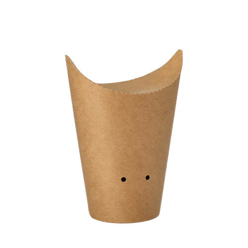 Die PAPSTAR 50 Pommes-Frites-Schütte aus brauner Pappe (Ø 6 cm) von PAPSTAR GmbH ist biologisch abbaubar, rund geformt, mit weiterer Öffnung und zwei kleinen Löchern unten – präsentiert vor weißem Hintergrund.