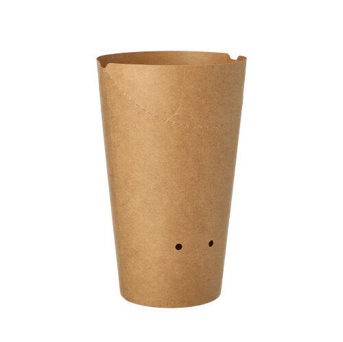 Die PAPSTAR 50 Pommes-Frites-Schütte, ein runder brauner Kartonbehälter (Ø 6 cm) der PAPSTAR GmbH, mit gewölbtem oberen Rand und zwei kleinen Löchern im unteren Bereich, fotografiert vor weißem Hintergrund.