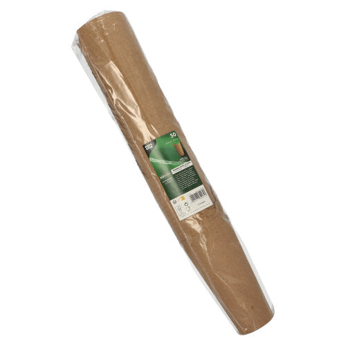 Eine PAPSTAR 50 Pommes-Frites-Schütte (rund, Ø 6 cm, braun) der PAPSTAR GmbH ist diagonal auf weißem Grund abgebildet, in Folie eingehüllt mit einem grün-weißen Etikett mit Text und Icons.