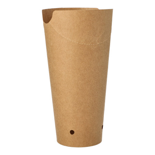 Eine einzelne PAPSTAR 50 Pommes-Frites-Schütte, Pappe rund Ø 6 cm braun von der PAPSTAR GmbH steht aufrecht mit zwei kleinen Löchern in der Nähe der Unterseite vor einem schlichten weißen Hintergrund.