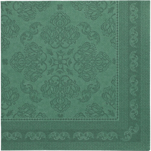 Dunkelgrüne, 40 x 40 cm große, quadratische Serviette aus der ROYAL Collection der PAPSTAR GmbH mit dekorativem Prägemuster und Bordüre.