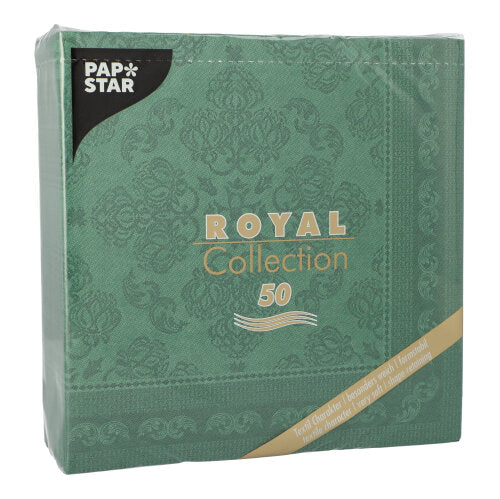 Eine Packung PAPSTAR GmbH 50 Servietten "ROYAL Collection" 1/4-Falz, Größe 40 x 40 cm in grün, zeigt Servietten mit einem verschnörkelten Muster und einem goldenen Diagonaletikett an der Ecke.