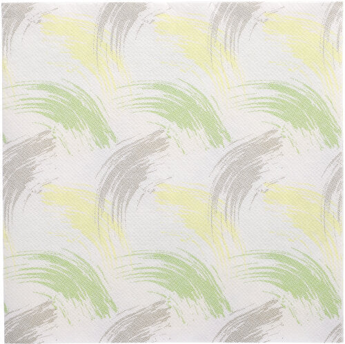 Ein quadratischer Stoff, inspiriert von den 50 Servietten "ROYAL Collection" 1/4-Falz 40x40 cm grün der PAPSTAR GmbH, mit einem abstrakten, sich wiederholenden Muster aus grünen, gelben und beigen Pinselstrichen auf Weiß in einem wellenförmigen, überlappenden Design.