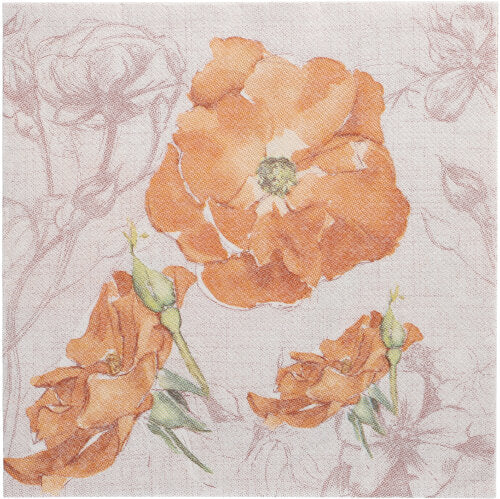 Die PAPSTAR GmbH 50 Servietten "ROYAL Collection" 1/4-Falz 40 x 40 cm nektarine zeigt einen hellen Hintergrund mit drei orangefarbenen Blüten, Knospen, grünen Stängeln und schwachen floralen Konturen.