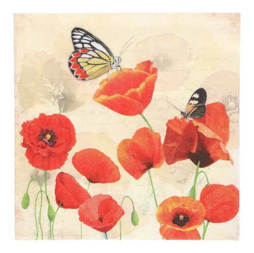 Künstlerische Illustration von roten Mohnblumen mit zwei Schmetterlingen auf den Blütenblättern, gedruckt auf PAPSTAR 20 Servietten, 33x33 cm, 3-lagig, Design Set 2 von PAPSTAR GmbH. Der Hintergrund ist hellbeige und hat eine subtile Schattierung und Struktur.