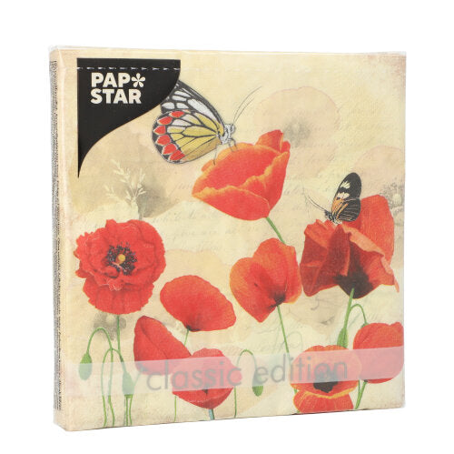 Eine Packung PAPSTAR GmbH 20 Servietten, 33x33 cm, 3-lagig, 1/4-Falz Design Set 2, mit rotem Mohn- und Schmetterlingsmotiv auf hellem, strukturiertem Hintergrund mit Etikett "classic edition".