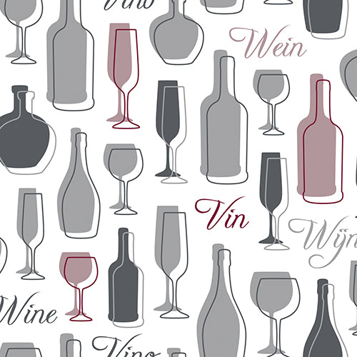 Stilvolles nahtloses Muster mit Weinflaschen- und Glassilhouetten in Grau und Rot auf Weiß sowie „Wine“, „Vin“, „Wein“ und „Wijn“ – ideal für 30 Servietten der PAPSTAR GmbH, 3-lagig, 1/4-Falz, 33 x 33 cm.