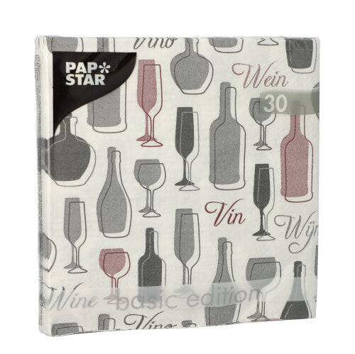 PAPSTAR GmbH 30 Servietten, 3-lagig, 1/4-Falz, 33x33 cm, mit Wein- und Glasmotiv in Grau und Rot – hochwertige Papierservietten im Basispaket.