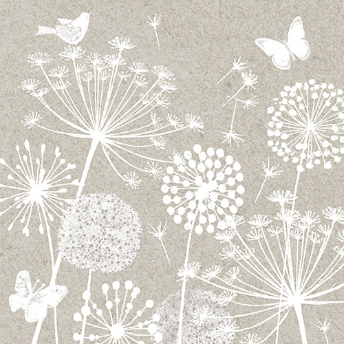 Weiße Strichzeichnungen von Pusteblumen, einem Schmetterling und einem Vogel schweben auf hellgrauem Untergrund auf den PAPSTAR 30 Servietten (3-lagig, 33x33 cm) der PAPSTAR GmbH – ideale, hochwertige Servietten für besondere Anlässe.