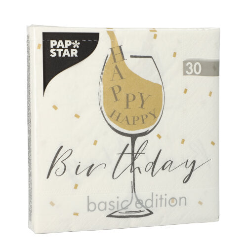 Ein 30er Pack 3-lagige Servietten (33x33 cm, 1/4-Falz) der PAPSTAR GmbH mit Weinglas, „HAPPY“ und goldenem Konfetti sowie „Birthday Basic Edition“ Aufdruck auf der Vorderseite.