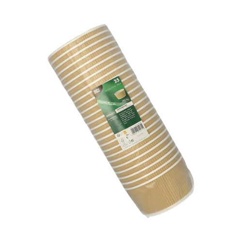 Abgebildet ist eine versiegelte Packung mit 25 PAPSTAR Suppenbechern (rund, 720 ml, Ø13,5cm/7,3cm) im braun/weißen Ripple Wall Design auf weißem Untergrund, mit Markenverpackung und grün-weißem Etikett; ideal zum Servieren von Suppe.