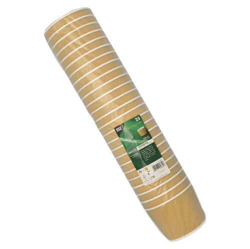 Eine Packung mit 25 braun-weißen, runden Ripple Wall-Suppenbechern aus Karton von PAPSTAR (520 ml, Ø 11 cm, 8,4 cm), in Folie eingewickelt und mit einem grün-weißen Etikett der PAPSTAR GmbH mit Produkt- und Markeninformationen versehen.