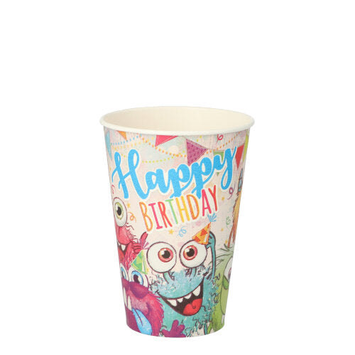 Die 10 Trinkbecher aus Pappe (0,2 L, Ø 7 cm, 9,7 cm) der PAPSTAR GmbH sind mit Cartoon-Monstern und dem Schriftzug „Happy Birthday“ in buntem Druck versehen und eignen sich perfekt für Partys. Präsentiert auf schlichtem weißem Hintergrund.
