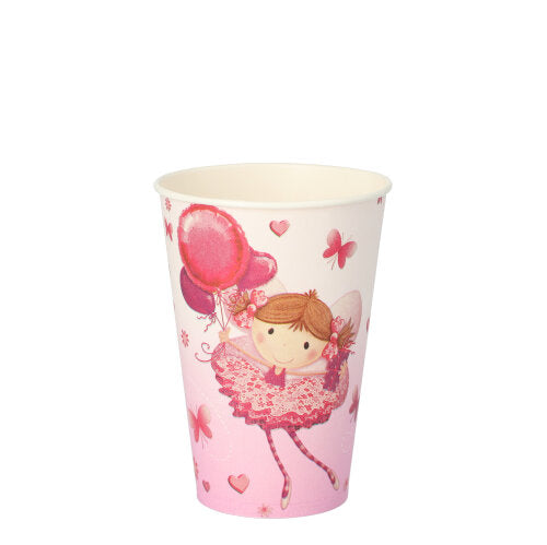Der PAPSTAR 10 Trinkbecher (0,2 L, Pappe) der PAPSTAR GmbH ist ein rosafarbener, umweltfreundlicher Becher mit einem lächelnden Feenmädchen, das herzförmige Luftballons hält, umgeben von Herzen und Schmetterlingen.