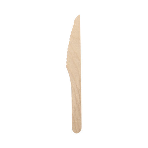 Ein einzelnes PAPSTAR 10 Messer, Holz „pure“ der PAPSTAR GmbH mit Wellenschliff ist vor einem schlichten weißen Hintergrund fotografiert.