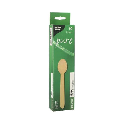 Eine grüne Box mit der Aufschrift „PAPSTAR 10 Löffel, Holz ‚pure‘“ der PAPSTAR GmbH enthält 10 umweltfreundliche Einweg-Holzlöffel (16 cm), die auf der Vorderseite mit einem Löffelbild und biologisch abbaubaren Symbolen versehen sind.