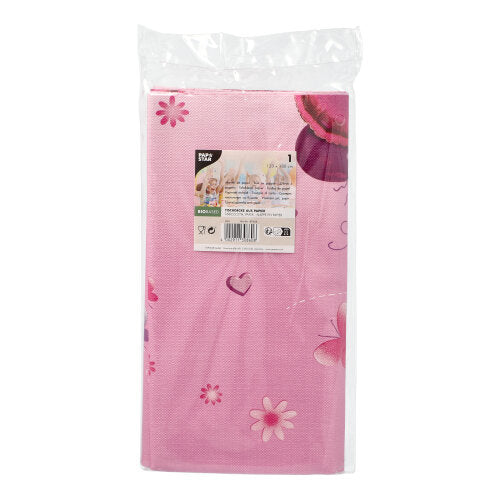 Eine PAPSTAR Tischdecke, Papier (120 cm x 180 cm) der PAPSTAR GmbH in Rosa mit Blumen- und Herzmuster, teilweise sichtbar in Klarsichtverpackung mit Frontetikett – perfekt für die stilvolle Tischdekoration bei Ihrer nächsten Feier.