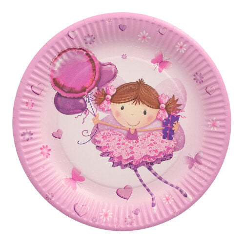 Der PAPSTAR 10 Teller, Pappe rund Ø 23 cm der PAPSTAR GmbH bietet rosa Einwegteller für Partys, dekoriert mit einem lächelnden Mädchen im Rüschenkleid, Luftballons, Geschenken und im Hintergrund Herzen, Blumen und Schmetterlingen.