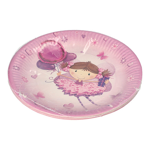 PAPSTAR 10 Teller, Pappe rund Ø 23 cm von der PAPSTAR GmbH – rosa Teller mit einem Mädchen im rosa Kleid, das einen Luftballon, Herzen und Blumen hält. Perfekter Einwegteller für Partys & Veranstaltungen. Die Teller werden in einer Kunststoffverpackung geliefert.