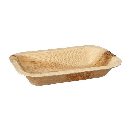 Die PAPSTAR GmbH 25 Siegelschalen Palmblatt „pure“ eckig sind rechteckige, flache Schalen mit abgerundeten Kanten, sichtbarer natürlicher Holzmaserung und Ästen. Sie sind glatt, leer, unfertig, umweltfreundlich sowie biologisch abbaubar.