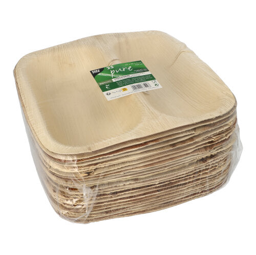 Ein Stapel 25 Siegelschalen Palmblatt „pure“ von PAPSTAR GmbH, eckige Teller aus umweltfreundlichem, biologisch abbaubarem Palmblattmaterial, verpackt in durchsichtigem Kunststoff mit einem grün-weißen Produktetikett auf der Oberseite.