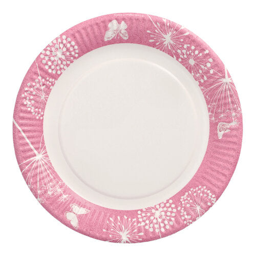 Der 10 Teller Pappe rund Ø 23 cm der PAPSTAR GmbH besticht durch einen rosa Rand mit weißen Löwenzahn- und Schmetterlingsmotiven. Die Mitte ist schlicht weiß, wodurch sich dieser Einwegteller ideal für Partys und Veranstaltungen eignet.