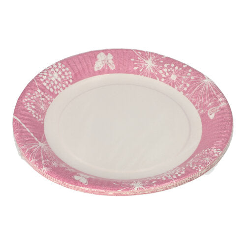 Der PAPSTAR 10 Teller, Pappe rund Ø 23 cm von PAPSTAR GmbH hat einen rosa Rand mit weißen Löwenzahn- und Schmetterlingsmotiven. Die Mitte ist schlicht weiß – ideal für Partys und Veranstaltungen.