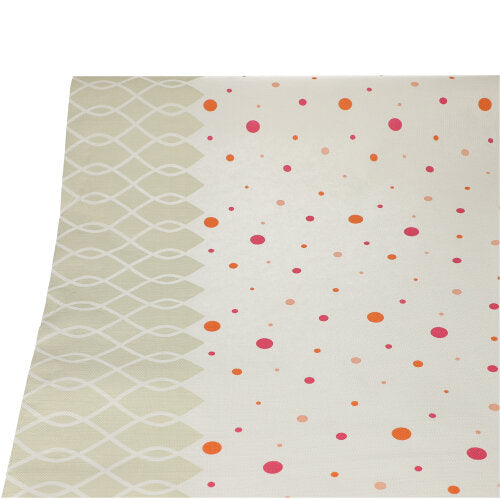 Die PAPSTAR Tischdecke (Papier, 3 m x 1,2 m) der PAPSTAR GmbH ist rechteckig und beige mit einem vertikalen Design: geometrische Wellenlinien auf der linken Seite und verstreute rote, rosa, orange Punkte auf der rechten Seite – perfekt für eine elegante Dekoration.