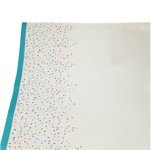 Die PAPSTAR Tischdecke (Papier, 3 m x 1,2 m) von PAPSTAR GmbH ist weiß, hat einen tealfarbenen Rand und ein bunt gepunktetes Muster an einer Kante. Präsentiert auf weißem Hintergrund.