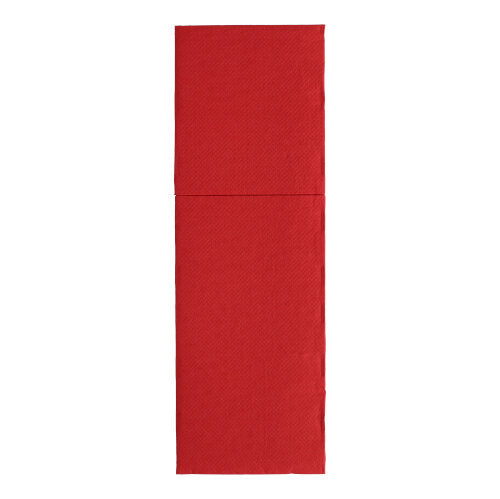 Zwei rechteckige rote PAPSTAR 50 Servietten „ROYAL Collection“ 48 cm x 30 cm mit Besteckfalz der PAPSTAR GmbH sind vertikal mit den Kanten bündig aufeinander gestapelt und bilden so ein langes Rechteck vor weißem Hintergrund.