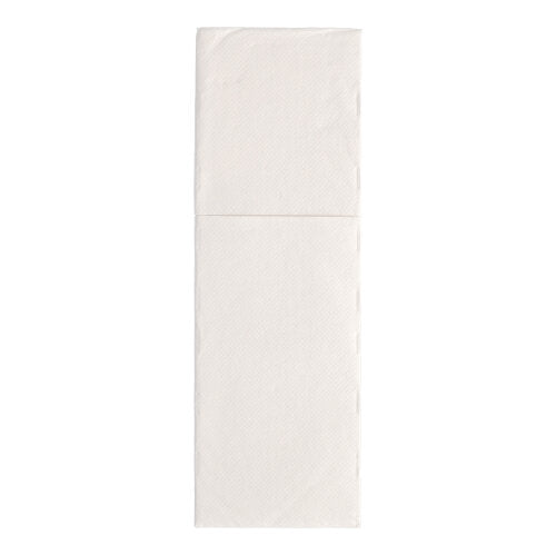 Eine einzelne aufgefaltete weiße PAPSTAR 50 Servietten „ROYAL Collection“ 48 cm x 30 cm Serviette mit Besteckfalz der PAPSTAR GmbH ist von oben auf einem schlichten weißen Hintergrund zu sehen.