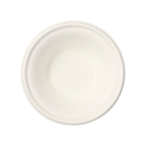 Eine schlichte, runde, weiße, flache Schale der PAPSTAR GmbH – PAPSTAR 100 Schalen, Zuckerrohr „pure“ – aus umweltfreundlichem Zuckerrohr ist von oben auf weißem Hintergrund zu sehen; perfekt für den Bedarf an nachhaltigen Einwegschalen.
