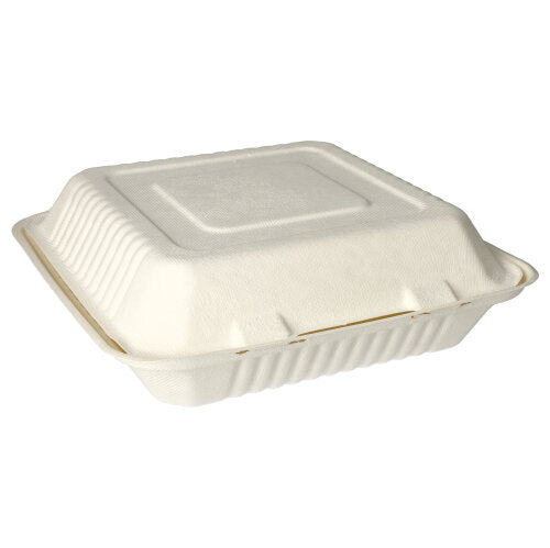 Die 300 Menüboxen der PAPSTAR GmbH aus umweltfreundlichem Zuckerrohr „pure“ verfügen über ein ungeteiltes, quadratisches Design (8 x 25,5 x 25,5 cm) mit einer strukturierten weißen Oberfläche, die geschlossen vor einem schlichten weißen Hintergrund dargestellt ist.