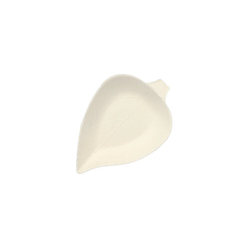 Der PAPSTAR GmbH 50 Fingerfood-Teller „pure“ weiss ist ein kleiner, blattförmiger, weißer Teller mit feiner Maserung und kurzem Stiel, hergestellt aus biologisch abbaubarem Zuckerrohr. Er ist auf schlichtem, weißem Hintergrund abgebildet.