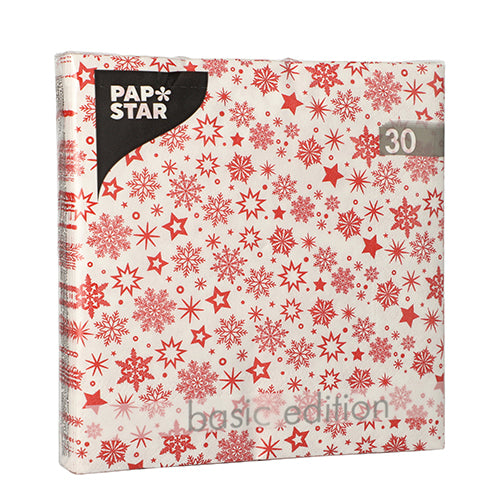 Die 30 Servietten, 3-lagig, 1/4-Falz (33x33 cm) der PAPSTAR GmbH kommen in einer quadratischen Packung mit weißem Hintergrund und rotem Schneeflocken-/Sternen-Design – ideal für festliche Anlässe.