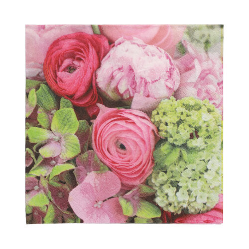 Nahaufnahme eines Blumenarrangements mit rosa und grünen Rosen und Hortensien vor weißem Hintergrund mit PAPSTAR GmbH 20 Servietten, 33 cm x 33 cm, 3-lagig, Design Set 2.