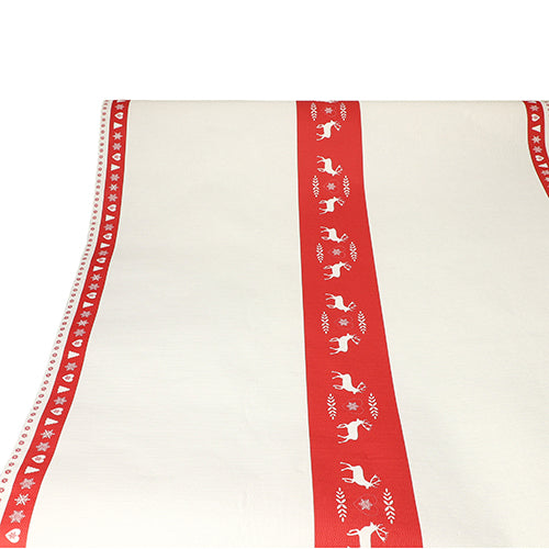 Die Tischdecke (Papier, 3 m x 1,2 m) der PAPSTAR GmbH ist eine weiße Einweg-Tischdecke mit zwei vertikalen roten Streifen mit weißen Rentieren und dekorativen Motiven – ideal für festliche Anlässe.