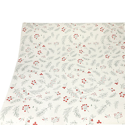 Die PAPSTAR Tischdecke (Papier, 3 m x 1,2 m) der PAPSTAR GmbH besticht durch einen cremefarbenen Hintergrund mit roten Beeren und grünen Blättern – ideal für eine stilvolle Tischdekoration. Flach ausgelegt und von oben fotografiert.