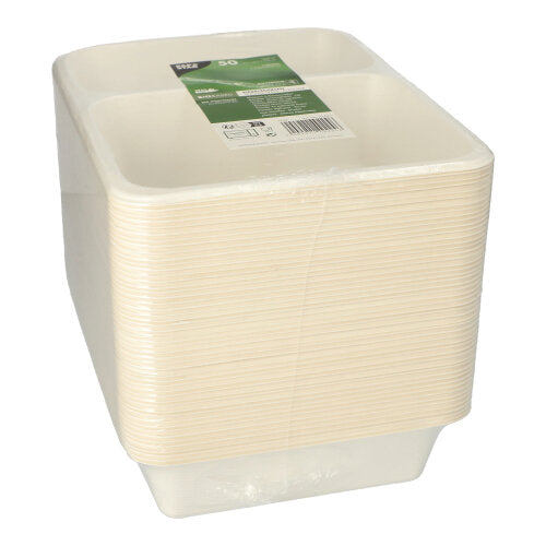 Ein Stapel rechteckiger PAPSTAR 50 Siegelschalen Zuckerrohr, PLA beschichtet (4,9 x 22,7 x 17,8 cm) von der PAPSTAR GmbH, eingewickelt in durchsichtigen Kunststoff mit einem grün-weißen Etikett oben drauf.
