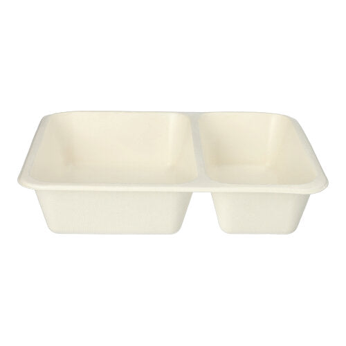 Die PAPSTAR 50 Siegelschalen Zuckerrohr der PAPSTAR GmbH sind rechteckige, zweigeteilte Speiseschalen (4,9 x 22,7 x 17,8 cm) aus hellem, umweltfreundlichem Zuckerrohr mit PLA-Beschichtung für zusätzliche Nachhaltigkeit – ideal für Mahlzeiten oder Snacks.