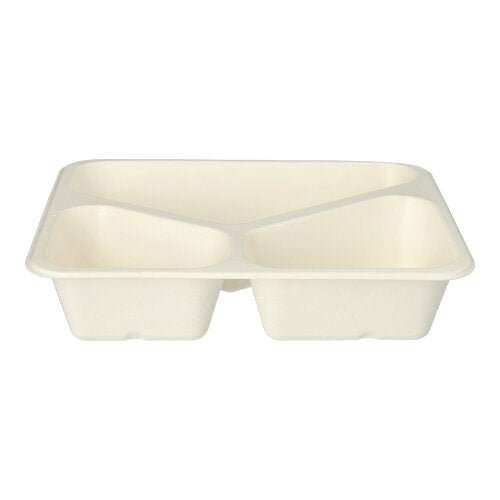 Die PAPSTAR 50 Siegelschalen aus umweltfreundlichem Zuckerrohr mit PLA-Beschichtung (4,9 x 22,7 x 17,8 cm) von PAPSTAR GmbH sind beige, rechteckig und haben drei separate Fächer.