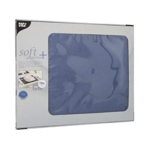 Eine Schachtel mit 100 Tischsets der PAPSTAR GmbH, stoffähnliches Vlies „soft selection plus“ (30 x 40 cm), wird in einer Verpackung mit einem transparenten Fenster geliefert, auf dem Produktmarken und -informationen zu sehen sind.