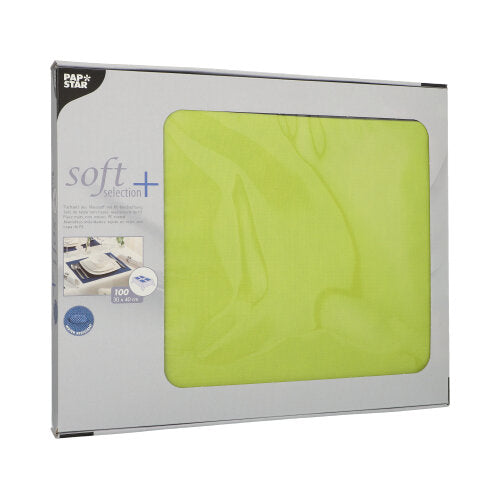 Eine Packung PAPSTAR 100 Tischsets, stoffähnlich Vlies, aus der Linie Soft Selection Plus (30 x 40 cm), wird in einer teiltransparenten Verpackung mit Produktinfo auf der Vorderseite geliefert. Ideal als Ergänzung zu Servietten.